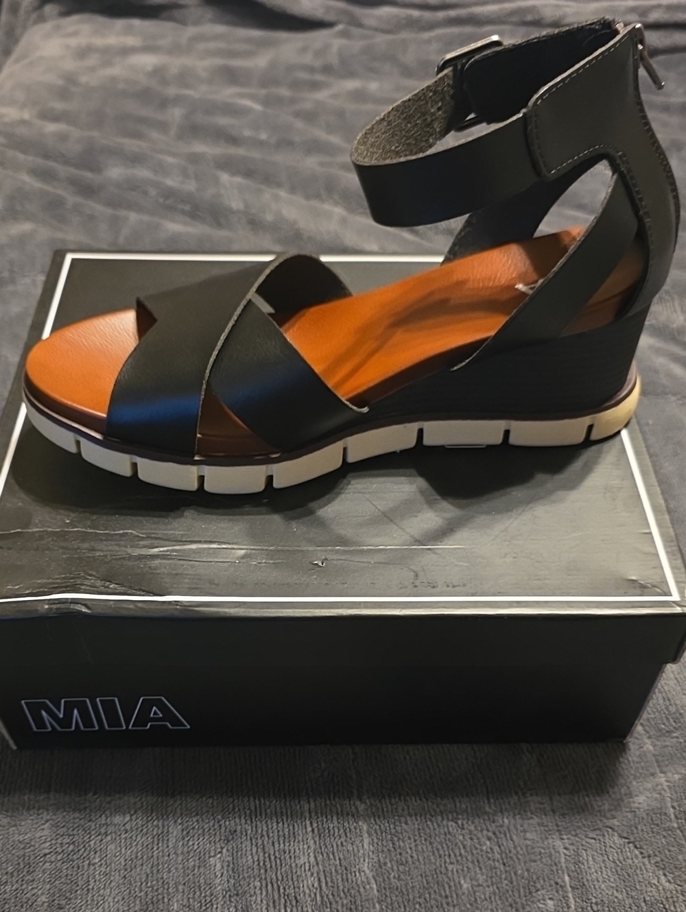 MIA Black and Brown Ankle-Strap Wedge Sandal